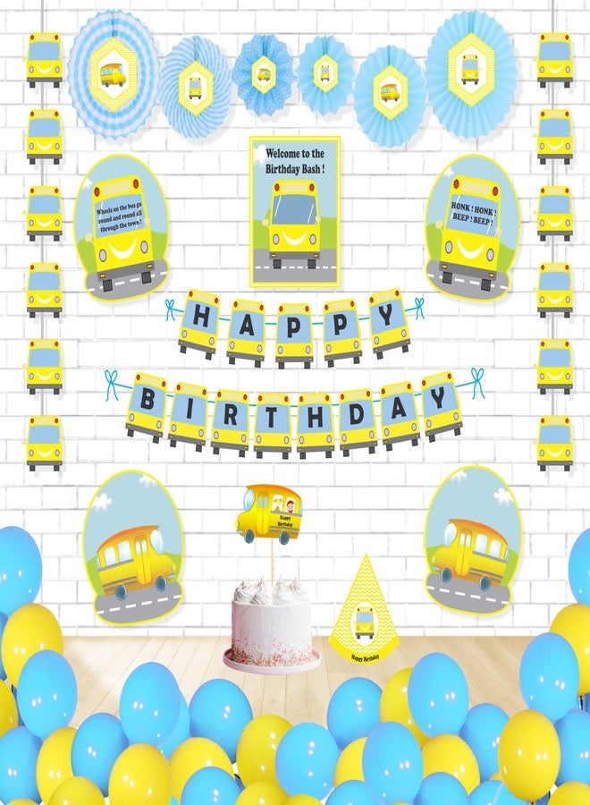 Untumble Wheels on The Bus Birthday Decorations Combo Pack kit with Banner, Paper Fans, Danglers, Posters, Cake Topper, Hat and Balloons (Pack of 56) (Multicolor) - Image 1